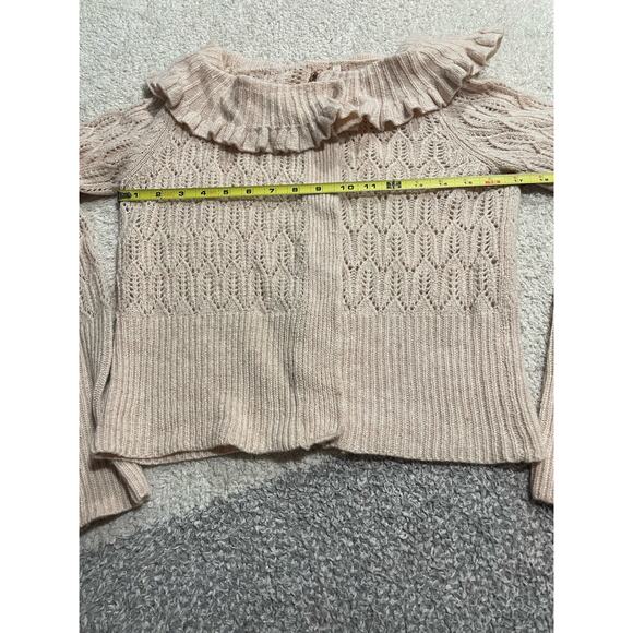 Moth Sweater Women's Medium Crochet Ruffled Boat Neck Wool Blend Cardigan Tan - Picture 6 of 9